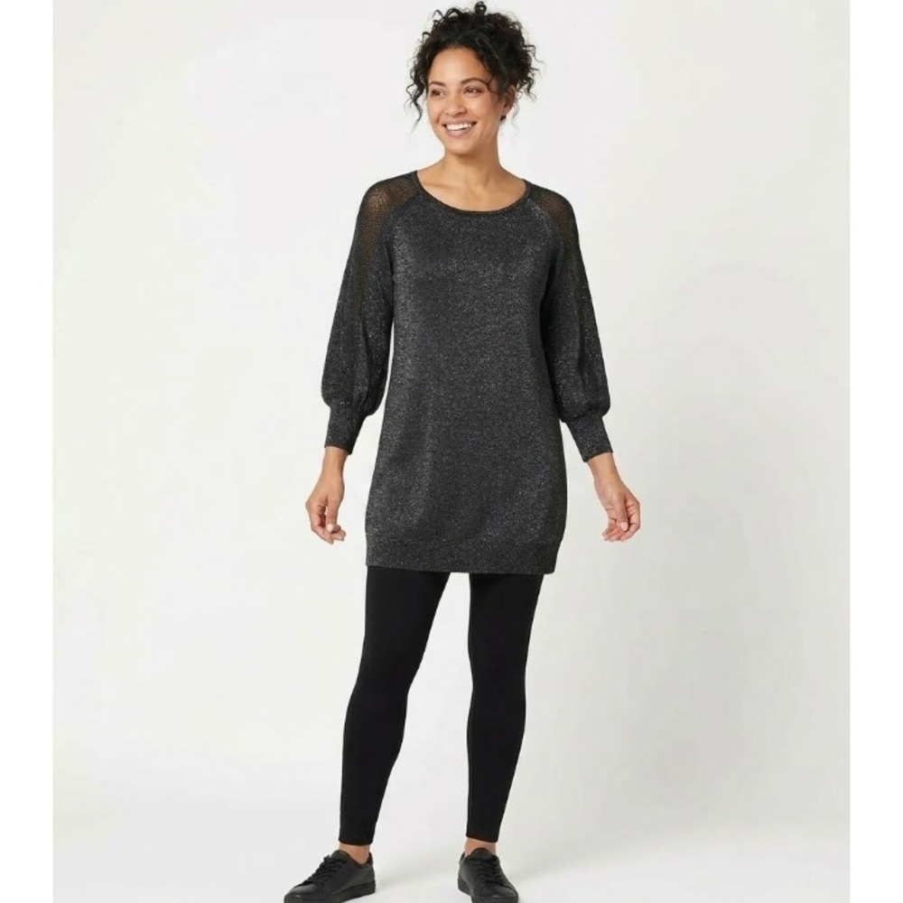 Eileen Fisher Medium Black‎ Wool Blend Metallic Soft Knit Tunic Sweater